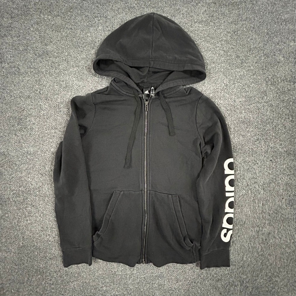 Adidas Hoodie Womens Size M Black Full Zip Sleeve Logo Athletic Sweatshirt